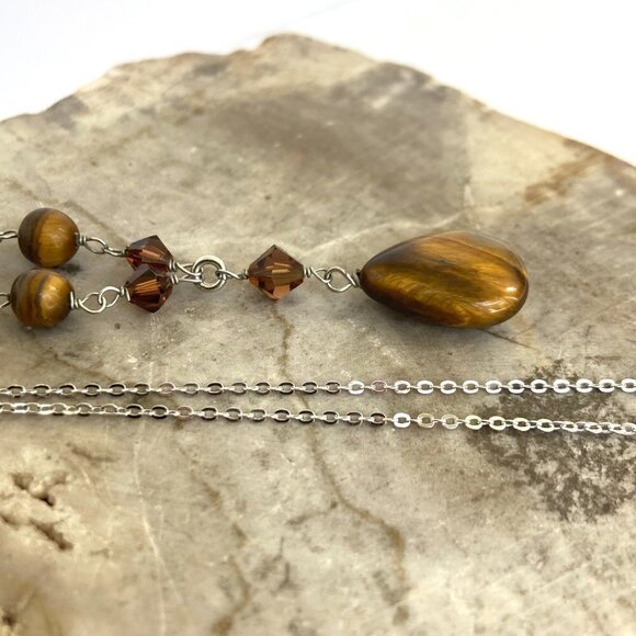 Sterling Silver 925 Beaded Tigers Eye Teardrop Pendant Necklace 18" Cable Chain - Picture 9 of 16